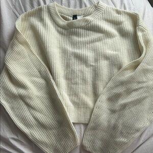 Cropped Cream Knit Crewneck Sweater - Women's